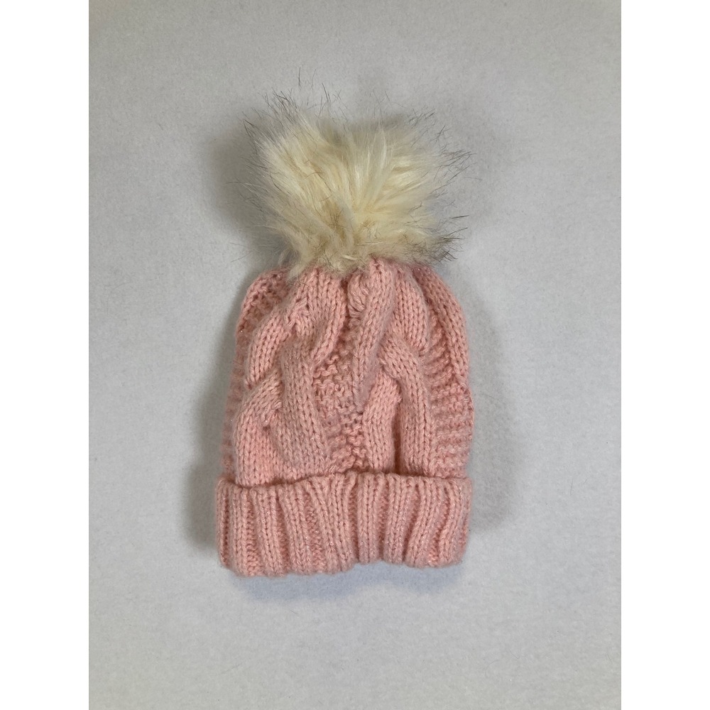 The Childrens Place Beanie Kids S/P 12-24M Pink Cable Knit‎ Faux Fur Pom Sparkle
